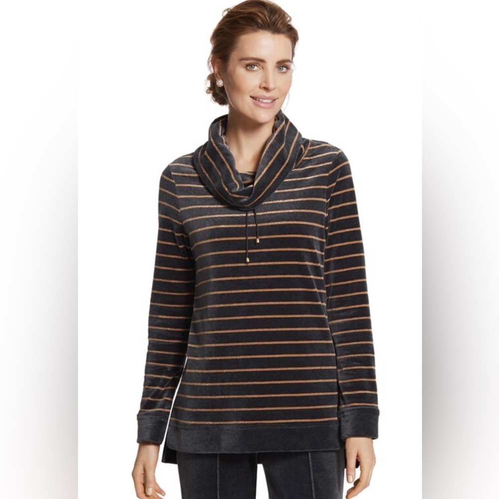 Zenergy by Chico’s Velour Lurex Stripe Cowl Neck Top - Chico’s Size 1 / Medium - Picture 13 of 15